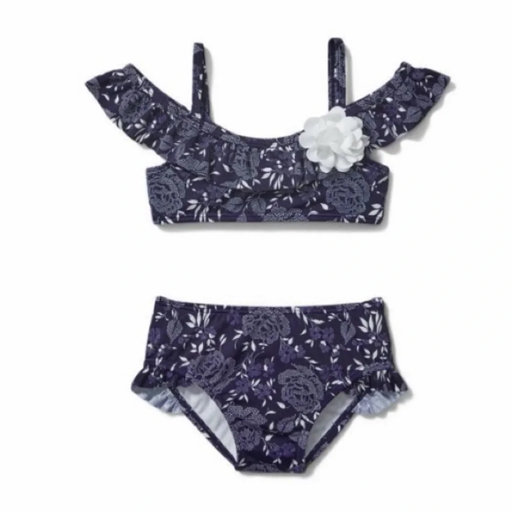 Janie and Jack Navy Floral Ruffle Bikini Swimsuit 18-24M Toddler Girl Retail $52